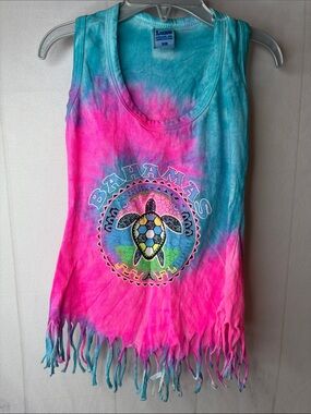 Luxe Bahamas Sea Turtle Tie-Dye Fringe Tank Top Little Girls XS